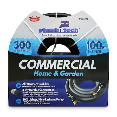 Plumb Tech 5/8 in ID x 100 ft L Water Hose, Nitrile Tube, Black CGE16100